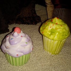 2 CERAMIC CUPCAKE PURPLE, PINK & GREEN CHERRY TOP TRINKET BOX FOR RINGS